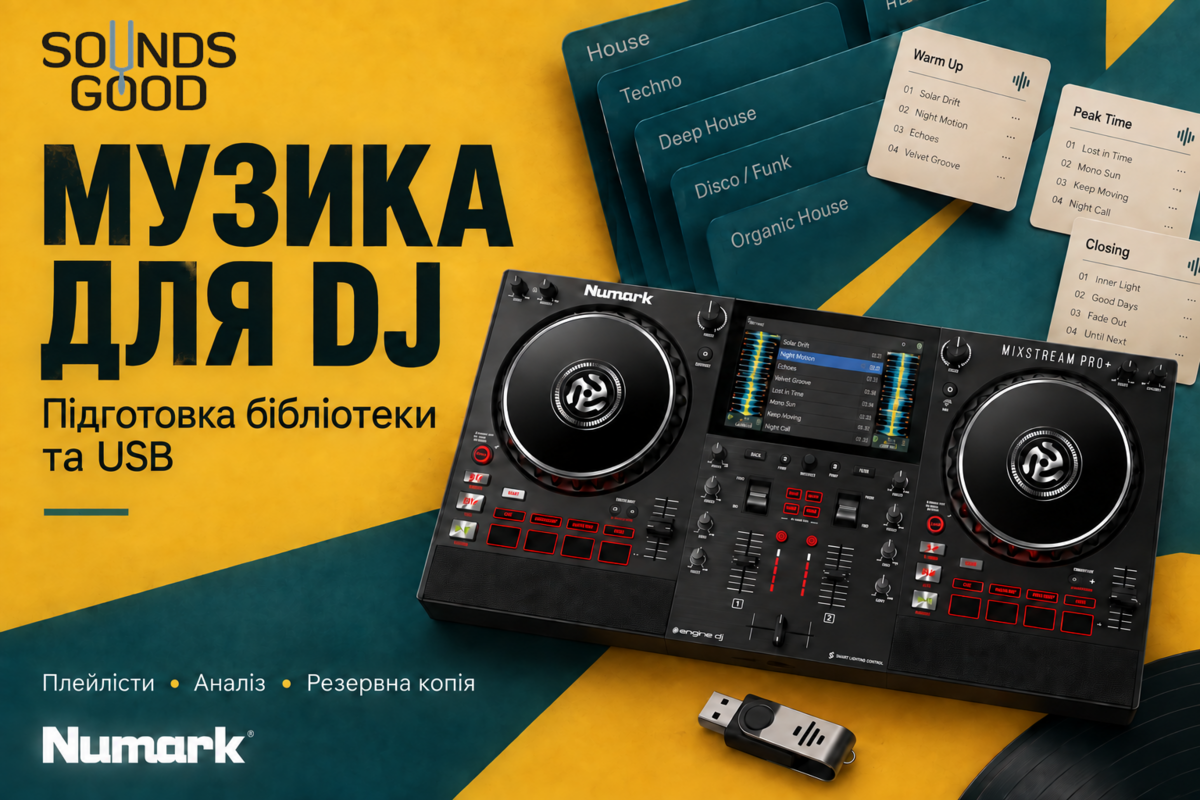 Редакційна ілюстрація SoundsGood з Numark Mixstream Pro+: підготовка бібліотеки, плейлістів і USB.