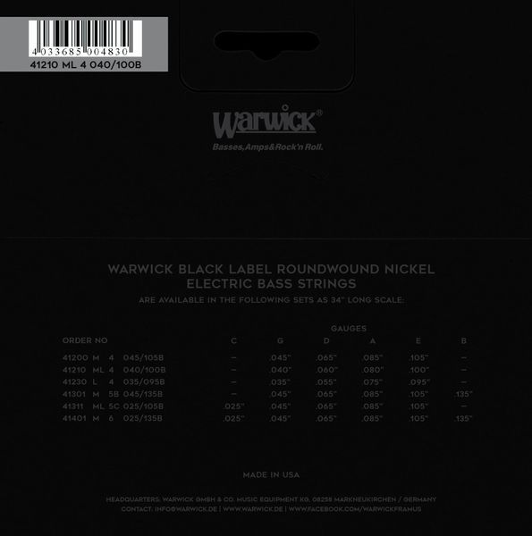 Струны для бас-гитары WARWICK 41210 Black Label, Nickel-Plated, Medium Light 4-String (40-100) 24102 фото