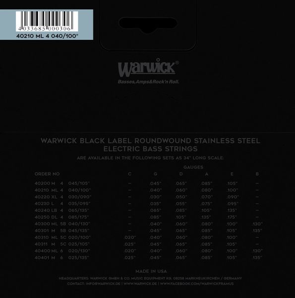 WARWICK 40210 Black Label Medium Light 4-String (40-100) 24094 фото
