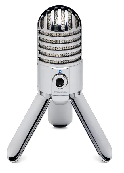 Samson Meteor Mic: a USB microphone with its desktop legs unfolded.
