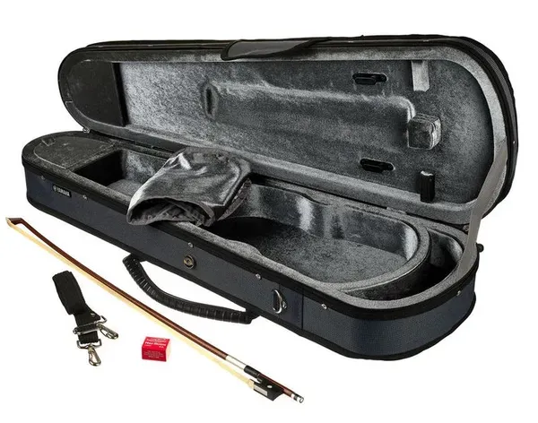 Open case, bow and rosin from the Yamaha V5SA outfit.