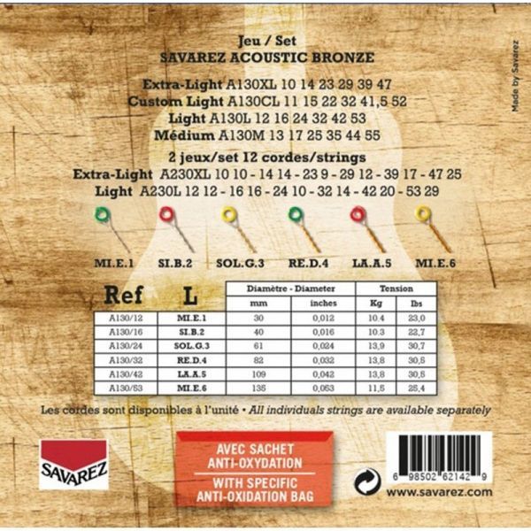Струны для акустической гитары SAVAREZ A130L Bronze Light Acoustic Guitar Strings 12/53 124513 фото