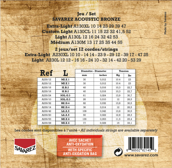 Струны для 12-струнной акустической гитары Savarez 80/20 Bronze A230L, 12-53 128145 фото