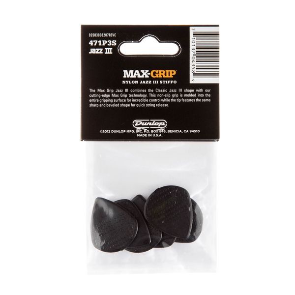 Медиатор Dunlop 471P3S Nylon Jazz III Max-Grip Stiffo 1.38 mm (6 шт.) 125359 фото