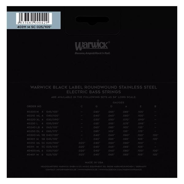 WARWICK 40311 Black Label Medium 5-String High C (25-105) 24098 фото